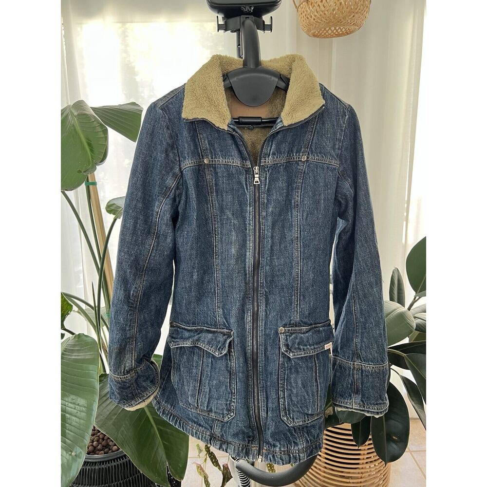 Guess Womens Y2K Vintage Sherpa Lined Denim Jacket Size S Denim